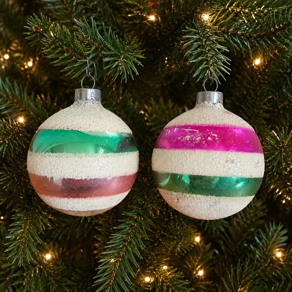 George Franke Pair Christmas Ornaments Pink Green Striped Mica USA MCM 1950's